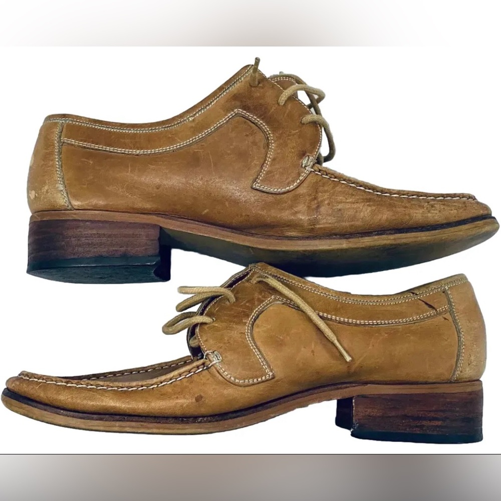 Thom McAn Leather Vintage Oxford Heel Shoes 60s Handmade Cobbled Loafer Tan 8 D